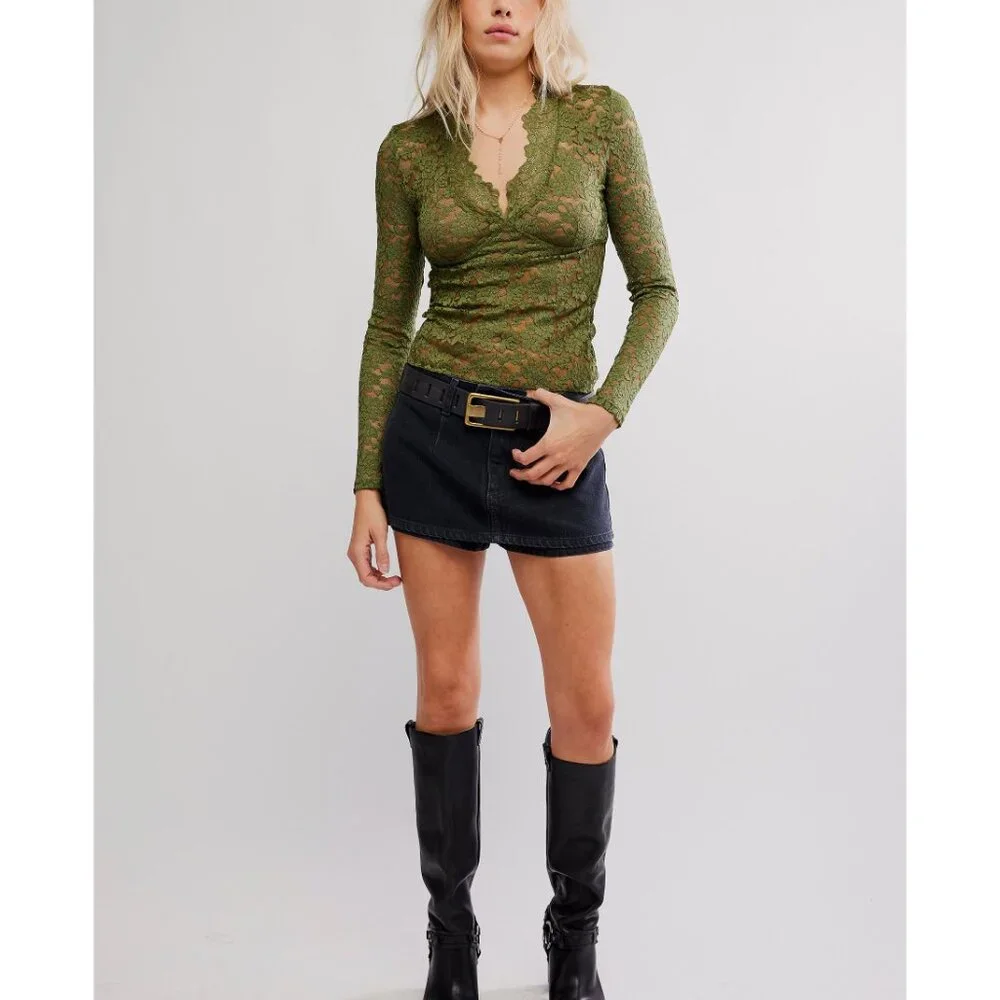 Free People Olive Green Lace Long Sleeve Camisole - Picture 5 of 6
